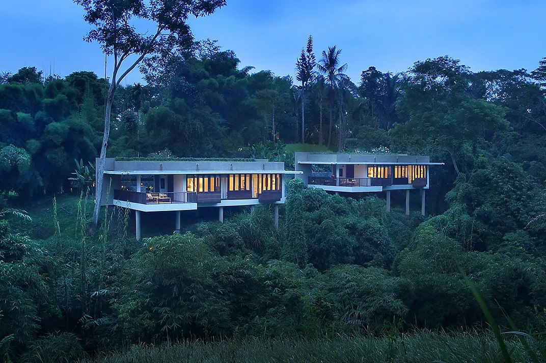 Villas on stilts above the jungle at Alila Ubud at dusk