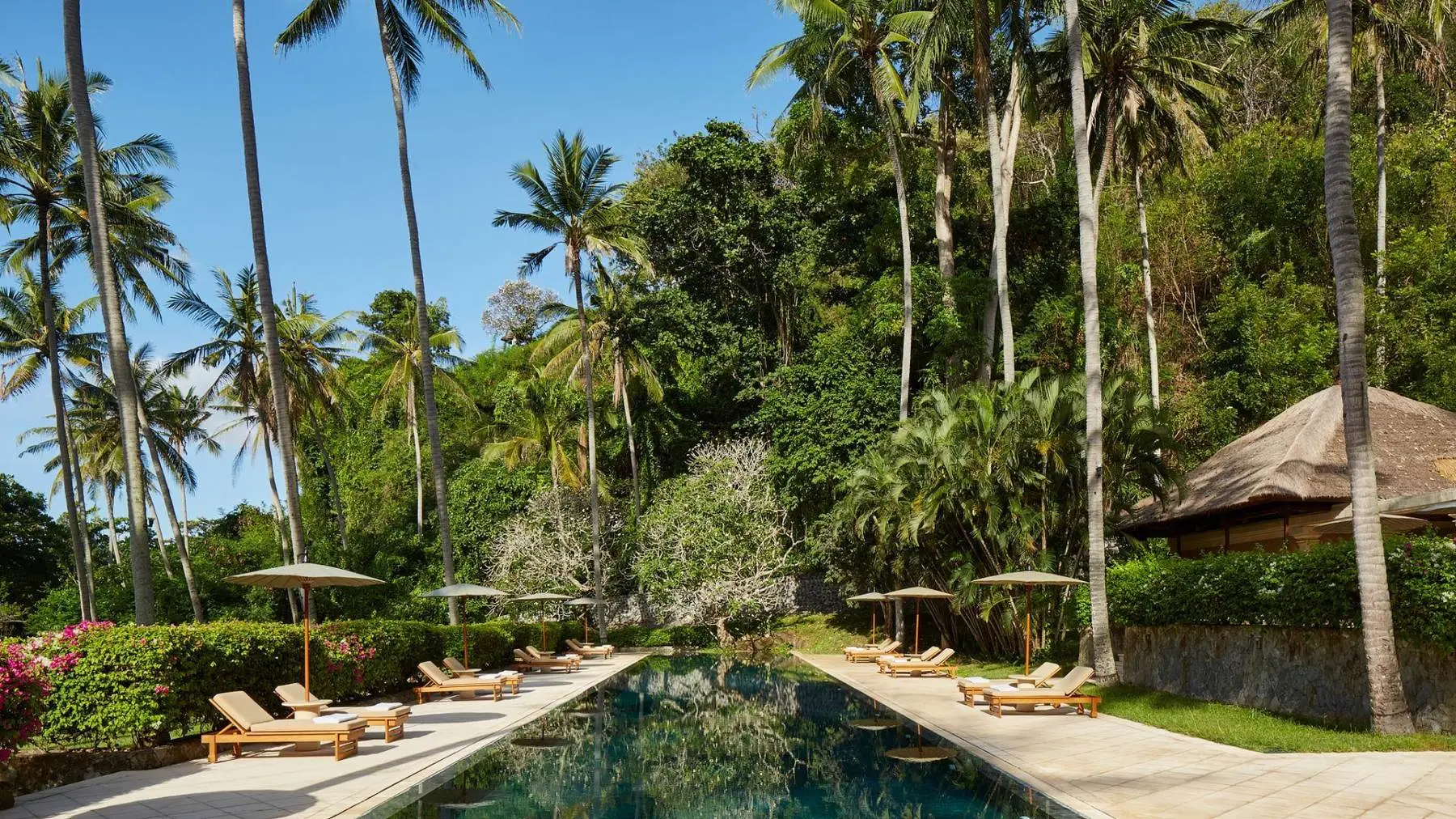 The beach club pool at Amankila on the calm east coast in June