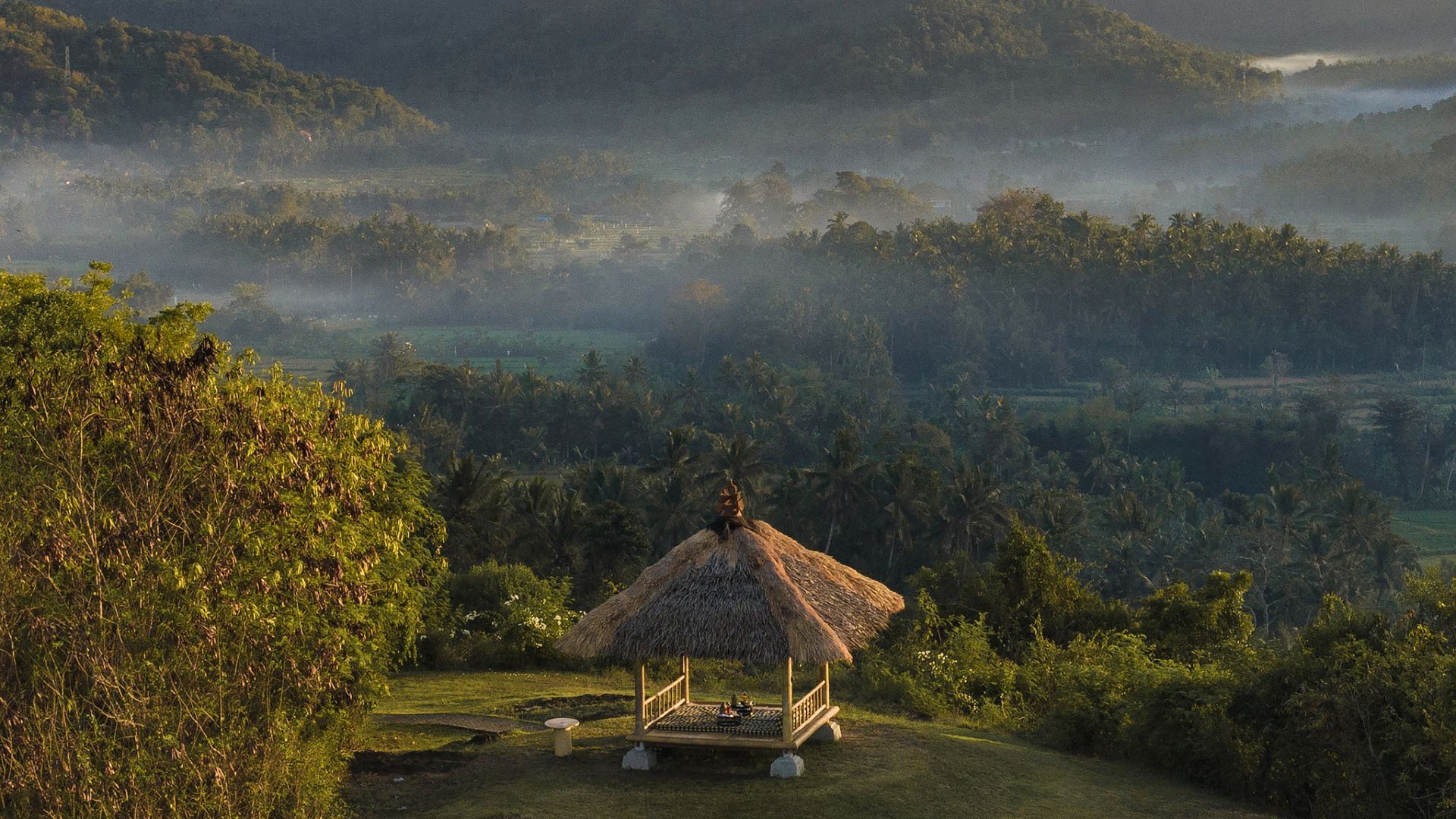 A thatched offering gazebo in the misty rice fields near Amankila at dawn