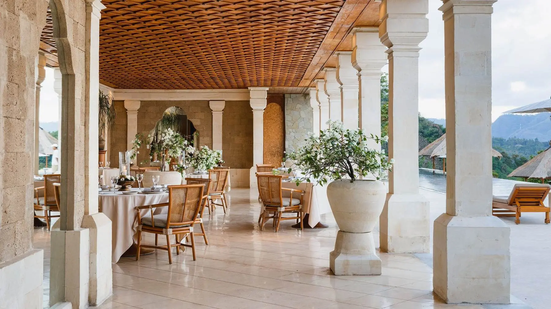 The restaurant at Amankila, its colonnade open to the Lombok Strait