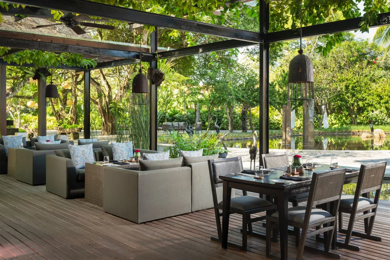 The terrace at Maja, Amarterra’s restaurant, beside a reflecting pond under a vine-covered steel frame
