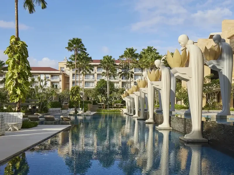 The Mulia complex in Nusa Dua, pools, statues and buildings spread across the property