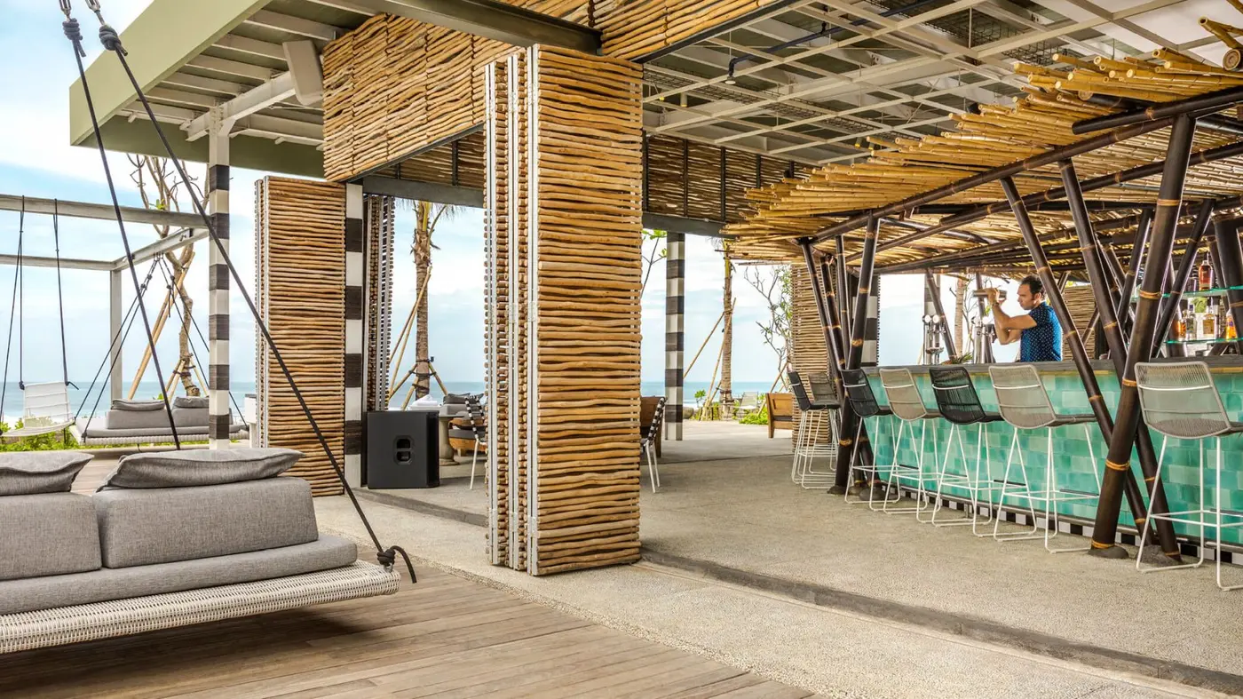The bamboo-clad bar at COMO Beach Club, Canggu