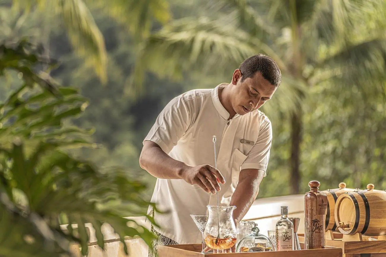 The bar at Four Seasons Sayan, open to the jungle of the Ayung valley