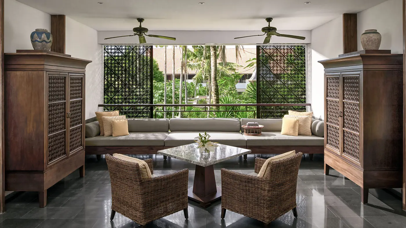 The covered terrace of a suite at InterContinental Bali Sanur, furnished as a second living room