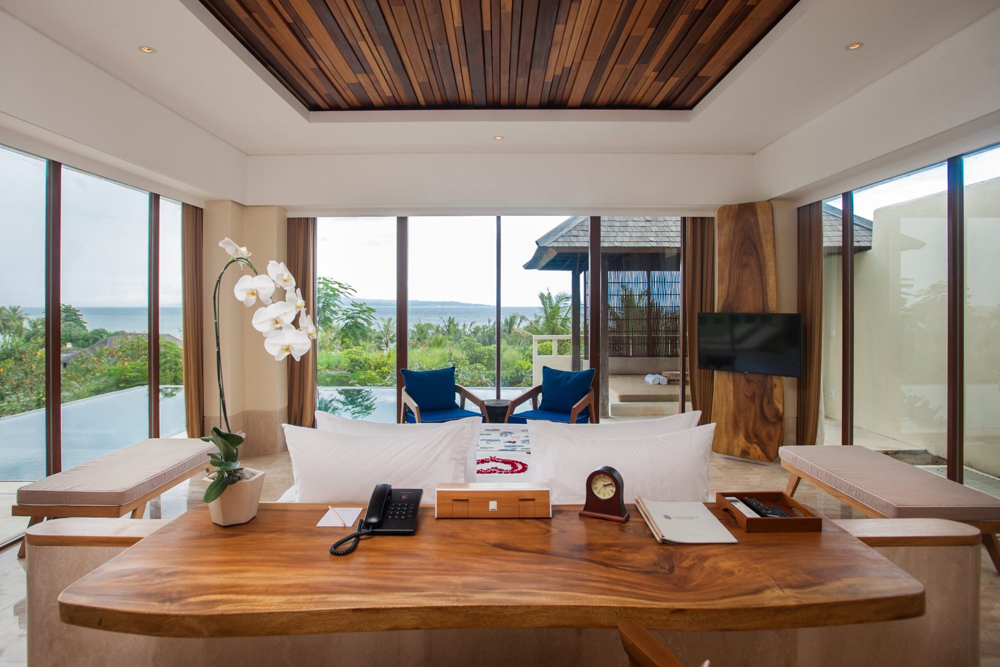 Villa terrace and private pool at Komaneka at Keramas Beach, overlooking the ocean