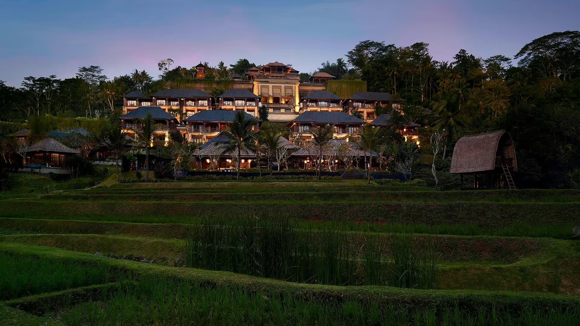 A moss-covered garden path at Mandapa, a Ritz-Carlton Reserve, in the early morning light