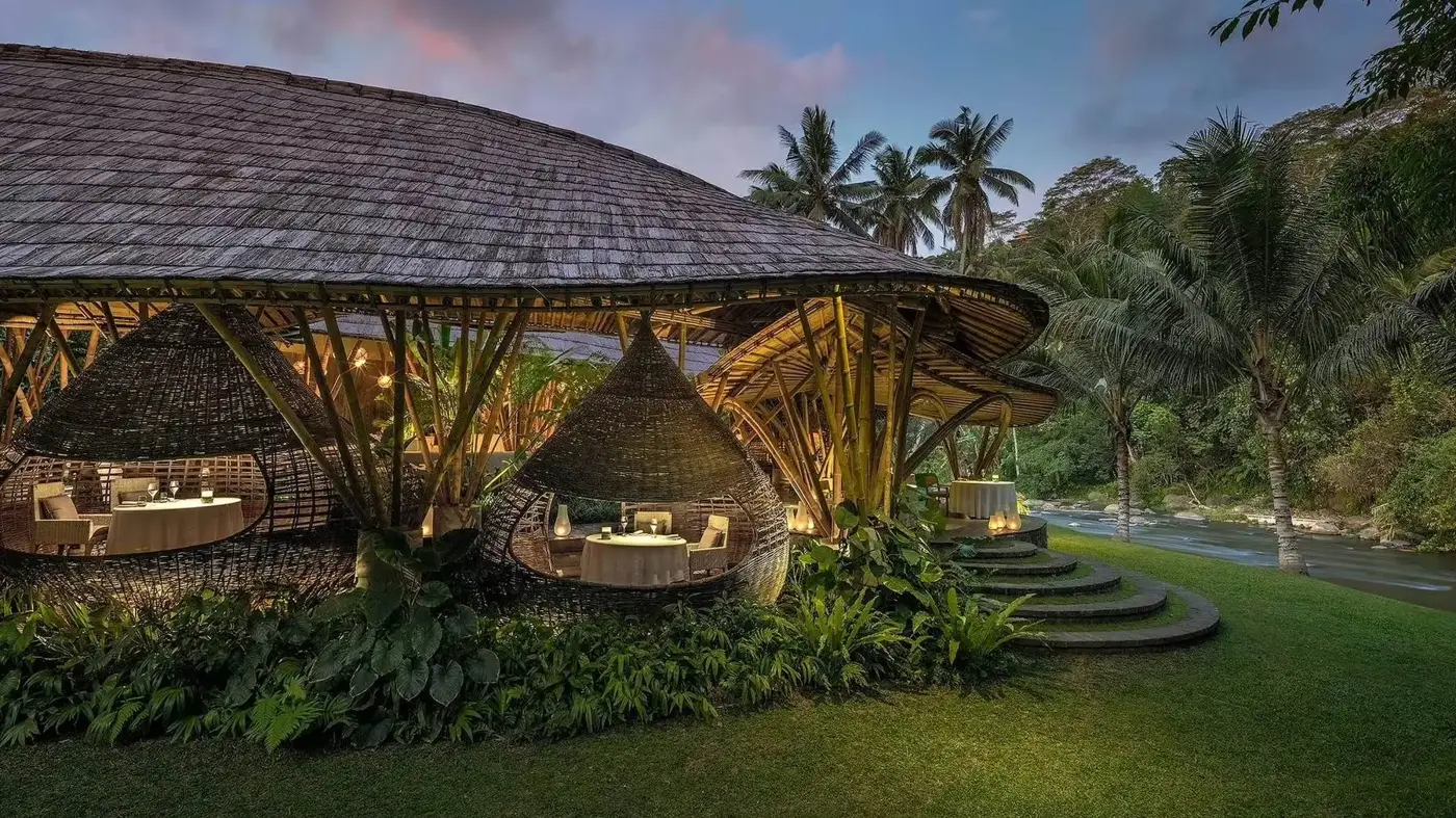 The pool at Mandapa, a Ritz-Carlton Reserve, edged by jungle above the Ayung