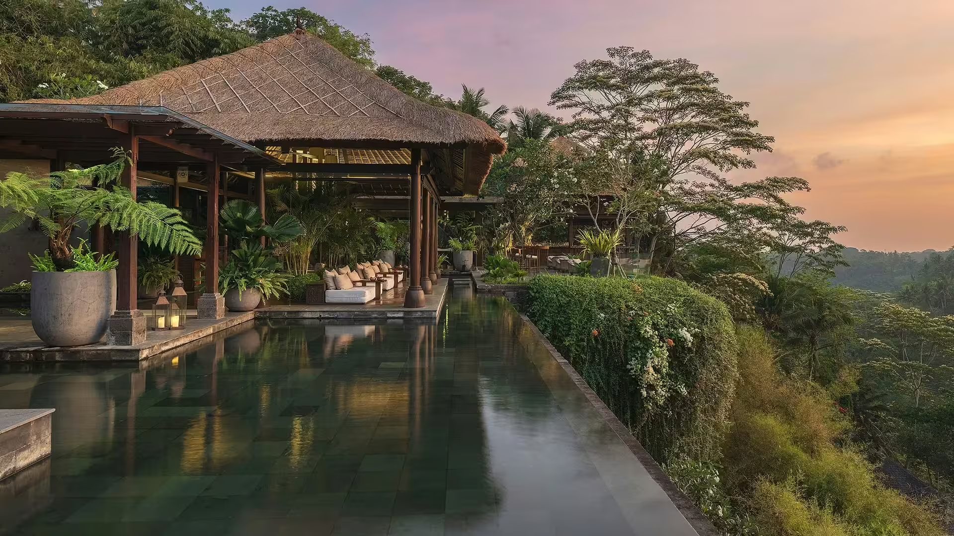 The wantilan at Mandapa, a Ritz-Carlton Reserve, the open-air pavilion overlooking the Ayung Valley at dusk