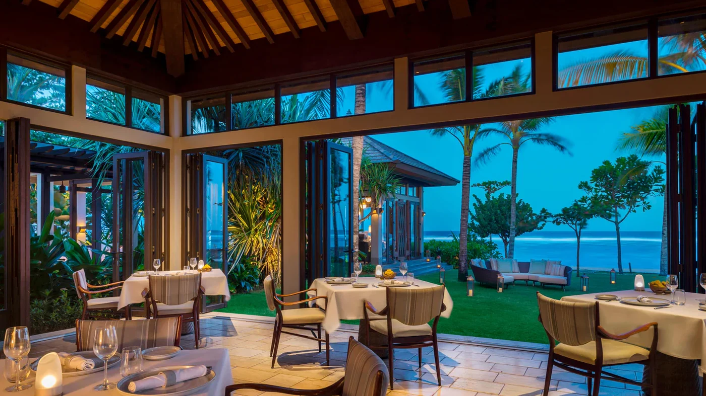 The Ritz-Carlton, Bali's clifftop lobby, approached through terraced water gardens