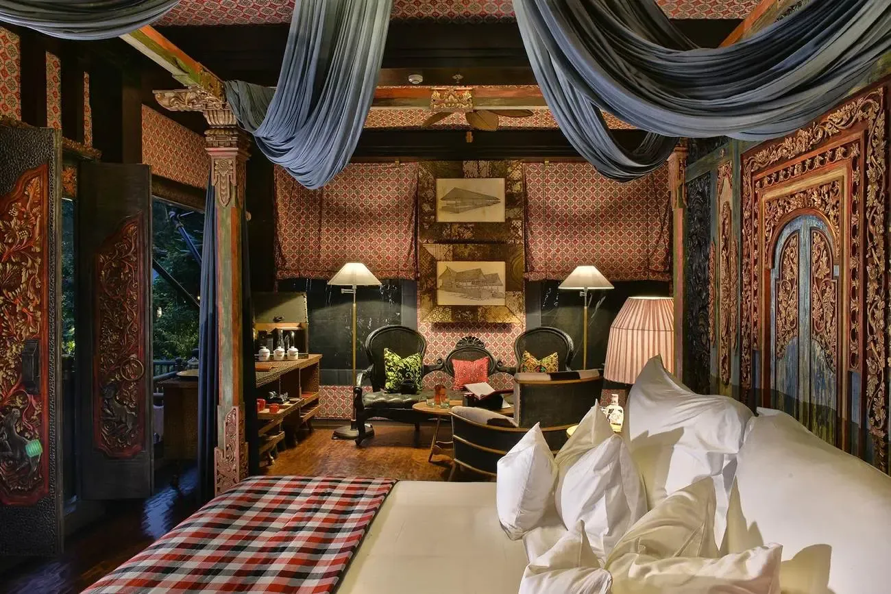 Colonial-era curiosities and taxidermy inside a lounge at Capella Ubud