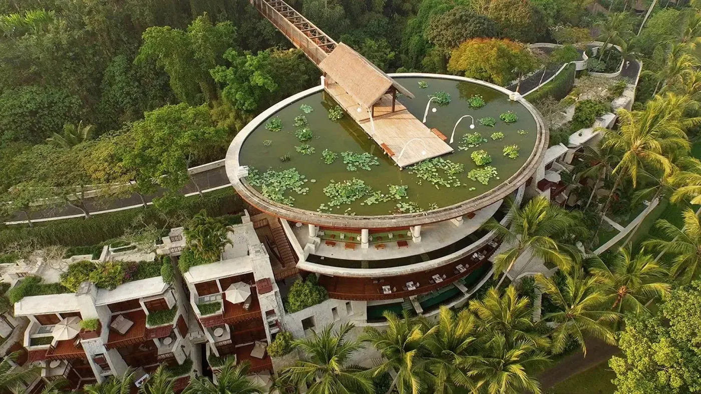 Aerial view of the rooftop lotus pond at Four Seasons Resort Bali at Sayan
