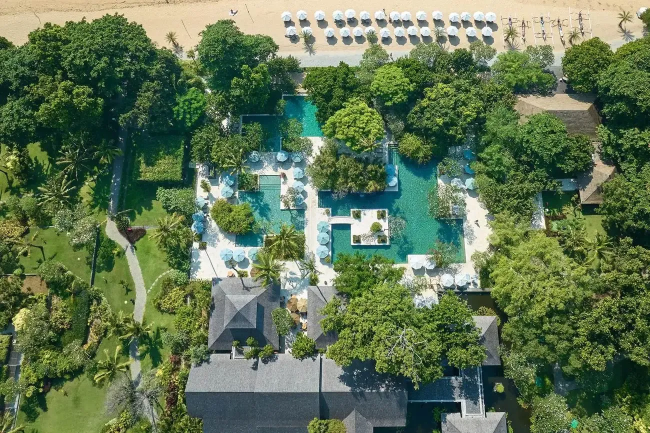 An aerial view of the gardens and low buildings at Hyatt Regency Bali in Sanur