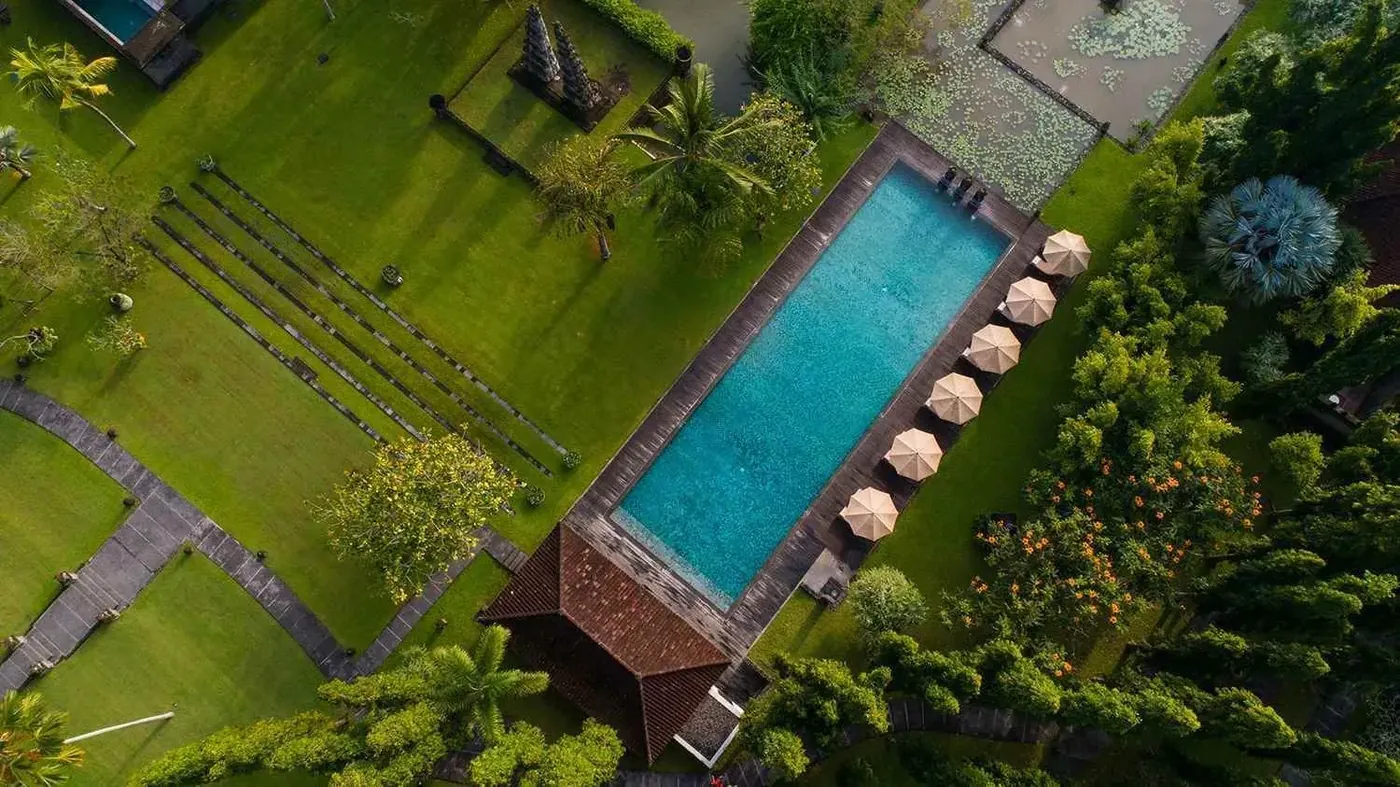 Aerial view of the pool and temple structure at Tanah Gajah