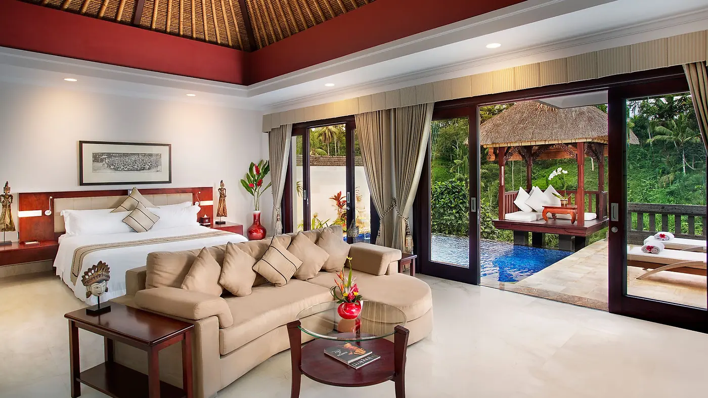 A villa interior at Viceroy Bali, opening directly onto its own pool and jungle view