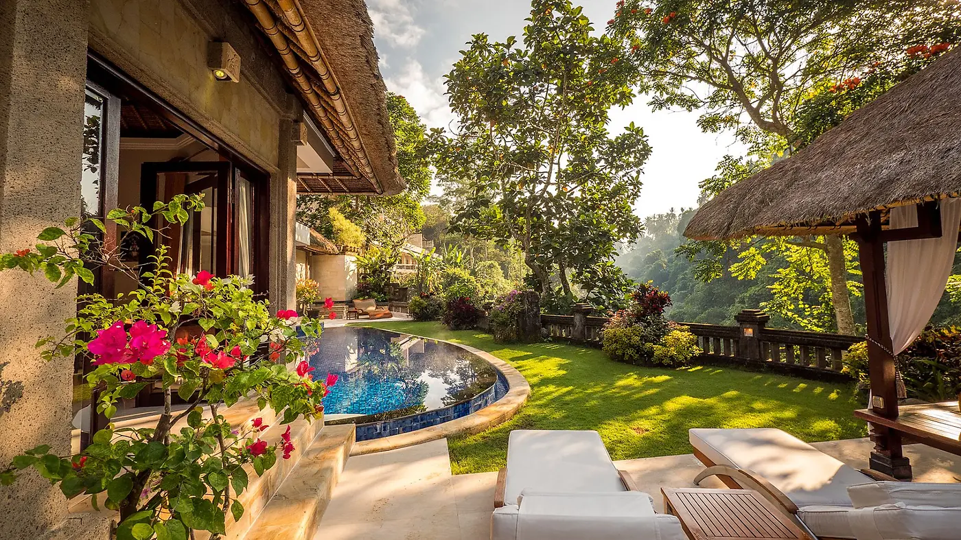 A private heated villa pool at Viceroy Bali, set in its own garden